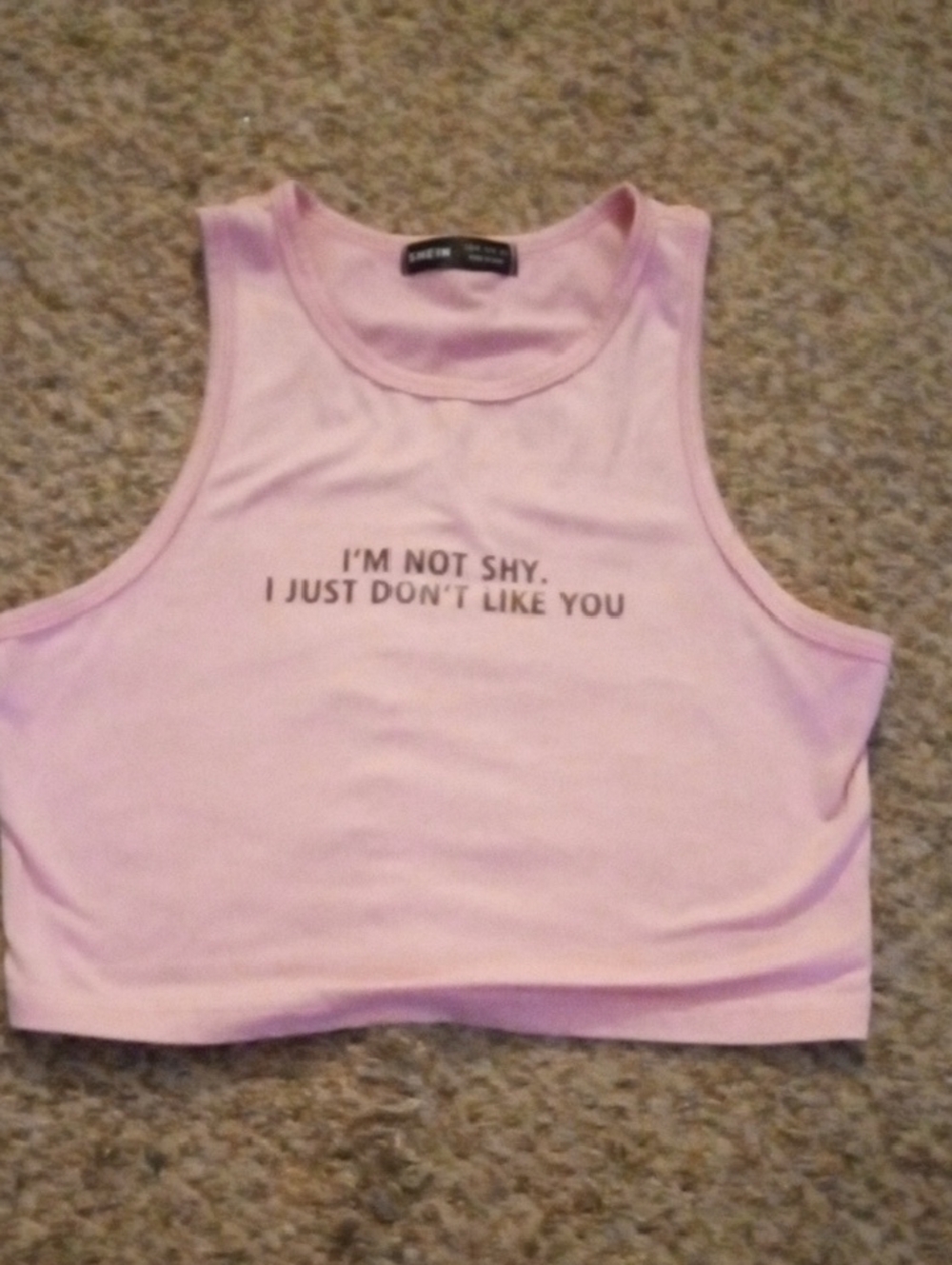 SHEIN Light Pink Graphic Crop Tank - "I'M NOT SHY"